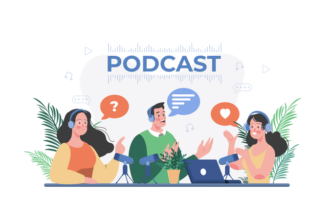 Amigos conversando durante o podcast  Ilustração