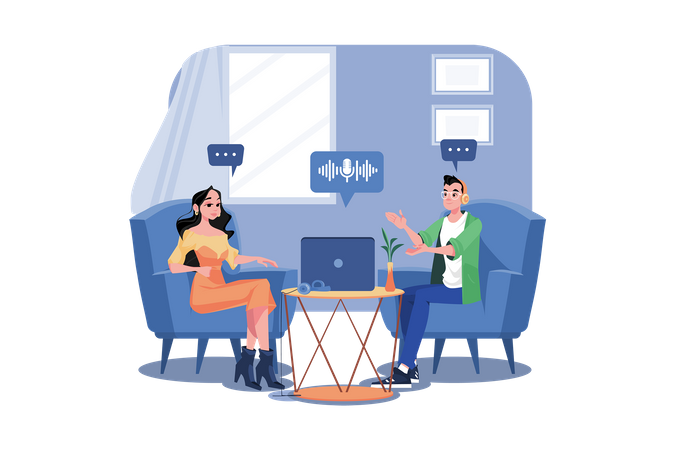 Amigos conversando durante o podcast  Ilustração