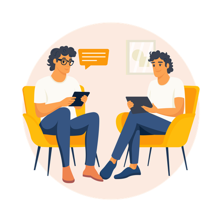 Amigos conversando durante um podcast  Ilustração