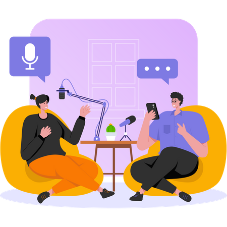 Amigos conversando durante um podcast  Ilustração