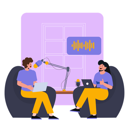 Amigos conversando em podcast  Ilustração