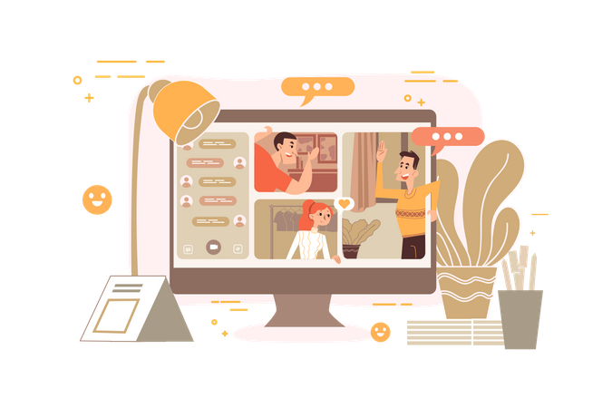 Amigos conversando em videochamada  Ilustração