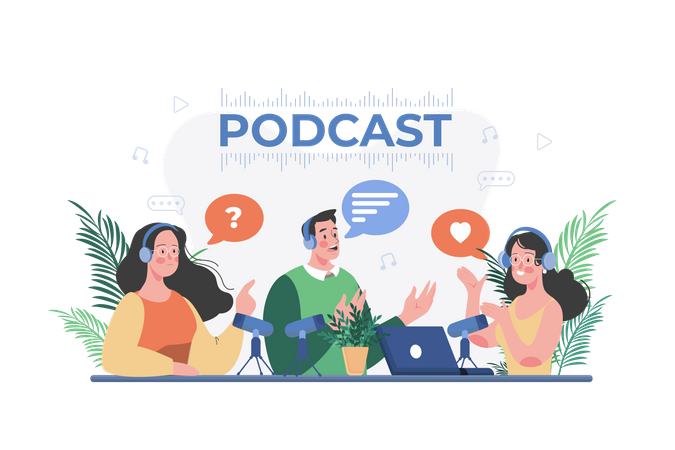 Amigos conversando durante o podcast  Ilustração