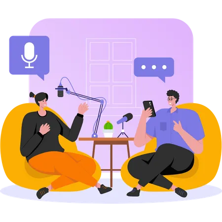Amigos conversando durante um podcast  Ilustração
