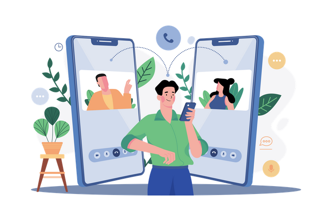 Amigos conversando nas redes sociais em smartphones  Ilustração