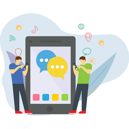 Amigos conversando no aplicativo de mídia social  Ilustração