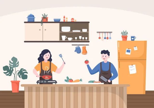 Amigos cozinhando juntos  Ilustração