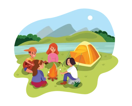 Amigos curtindo acampar  Ilustração