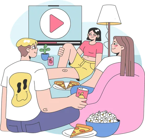 Amigos curtindo filme e pizza  Ilustração