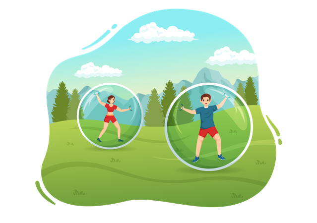 Amigos curtindo esporte zorbing  Ilustração