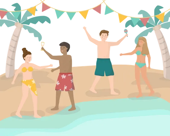 Amigos dançando na praia  Ilustração