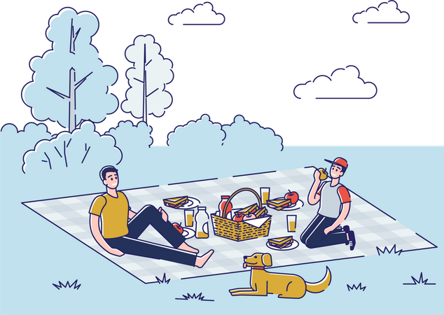 Amigos de picnic en el parque  Ilustración