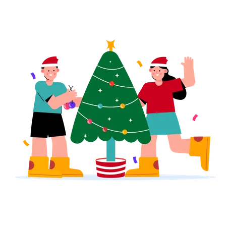 Amigos decorando a árvore de natal  Ilustração