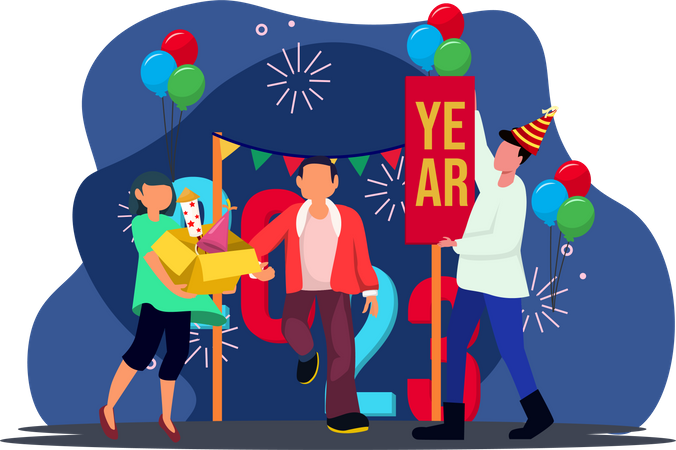 Amigos disfrutan de la fiesta de año nuevo.  Ilustración