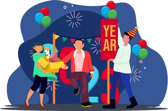 Amigos disfrutan de la fiesta de año nuevo.  Ilustración