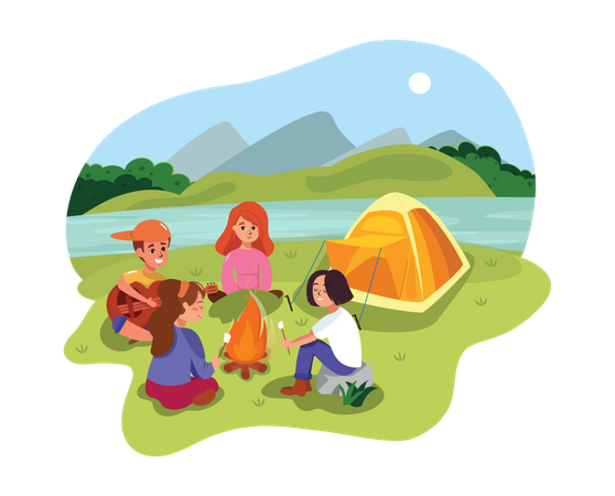 Amigos disfrutando de acampar  Ilustración