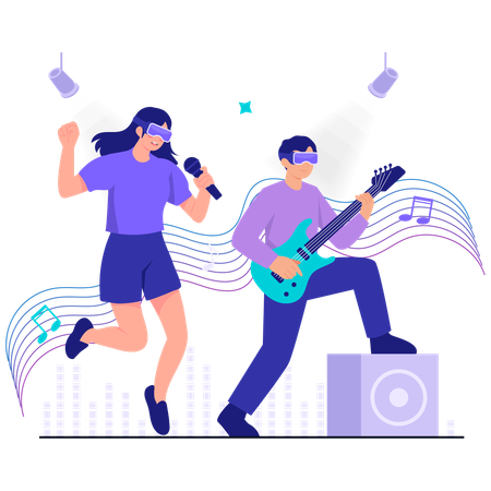 Amigos disfrutando de la experiencia del concierto Metaverse  Ilustración