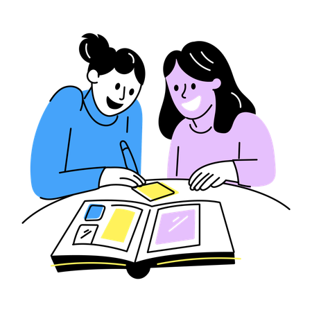 Amigos disfrutando del diseño de álbumes de recortes  Ilustración