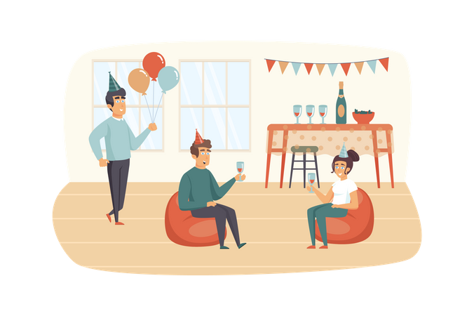 Amigos divirtiéndose en la fiesta en casa.  Ilustración