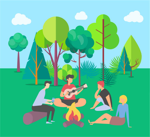 Amigos en camping  Ilustración