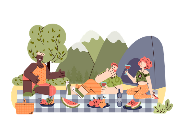 Amigos en vacaciones de verano haciendo picnic mientras acampan en el paisaje de montaña  Ilustración