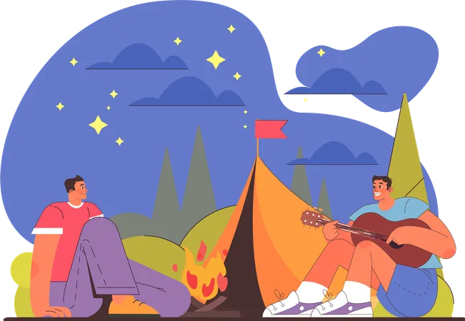 Los amigos están acampando juntos.  Ilustración