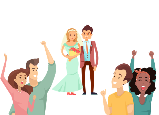 Los amigos están celebrando el día de la boda.  Ilustración