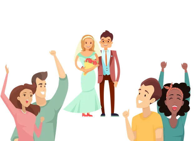 Los amigos están celebrando el día de la boda.  Ilustración