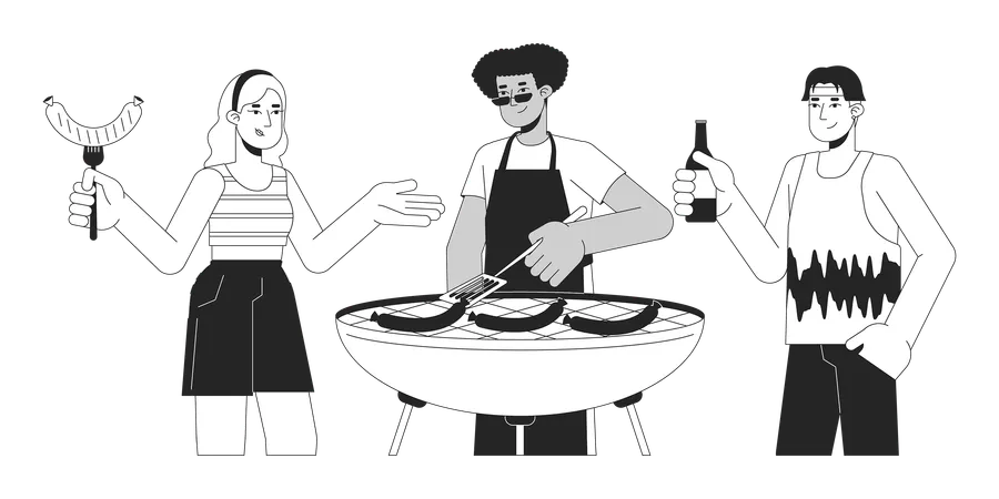 Los amigos están cocinando barbacoa.  Ilustración