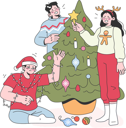 Amigos están decorando el árbol de Navidad.  Ilustración