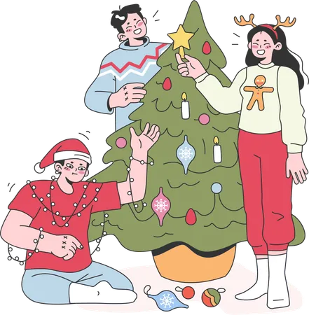 Amigos están decorando el árbol de Navidad.  Ilustración