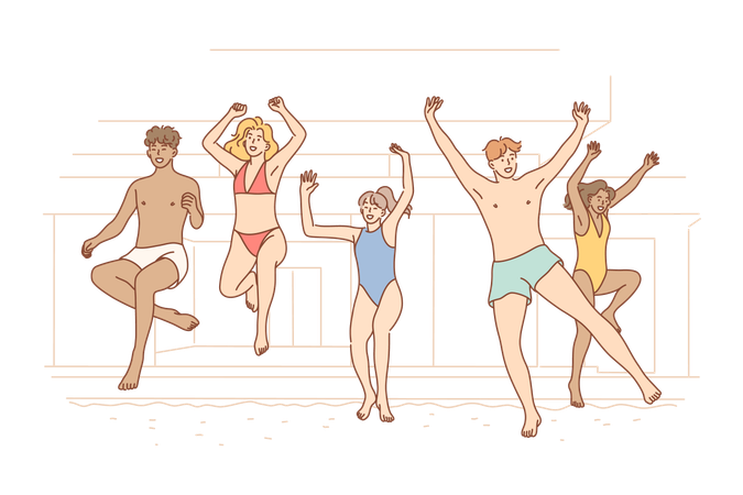 Los amigos disfrutan de una fiesta en la playa.  Ilustración