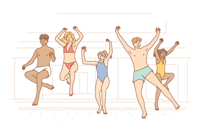 Los amigos disfrutan de una fiesta en la playa.  Ilustración