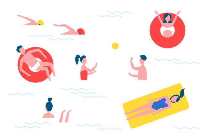 Los amigos están nadando en la piscina.  Ilustración