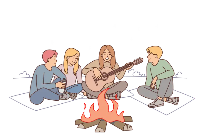 Los amigos están sentados alrededor de una fogata con una guitarra disfrutando de acampar y relajarse en la playa nocturna  Ilustración