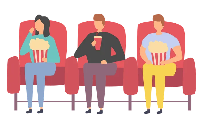 Los amigos están viendo una película en el cine.  Ilustración