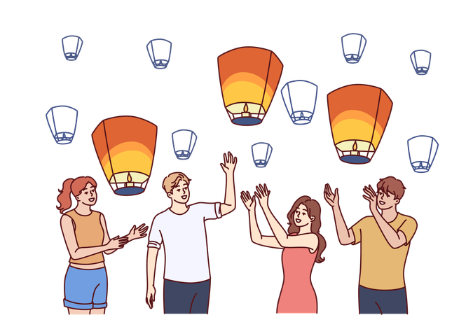 Amigos estão aproveitando o festival juntos  Ilustração