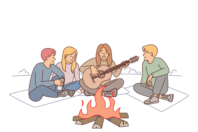 Amigos estão sentados ao redor da fogueira com guitarra aproveitando o acampamento e relaxamento na praia à noite  Ilustração