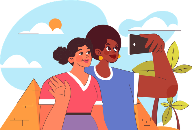 Amigos estão tirando selfie  Ilustração