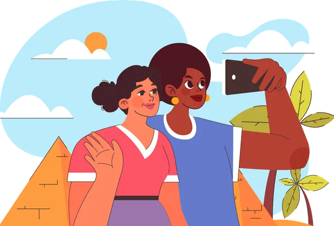 Amigos estão tirando selfie  Ilustração