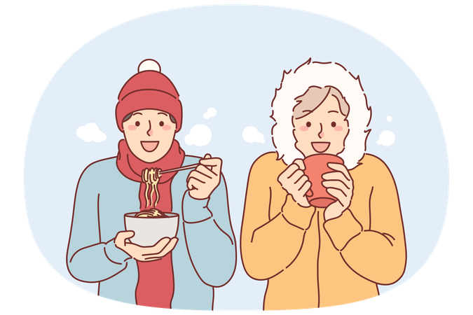 Amigos famintos comendo comida sob a neve com roupas de inverno  Ilustração