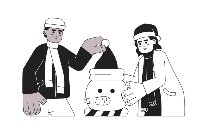 Amigos fazendo boneco de neve  Ilustração