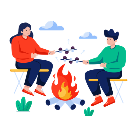 Amigos cozinhando no acampamento  Ilustração