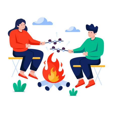 Amigos cozinhando no acampamento  Ilustração