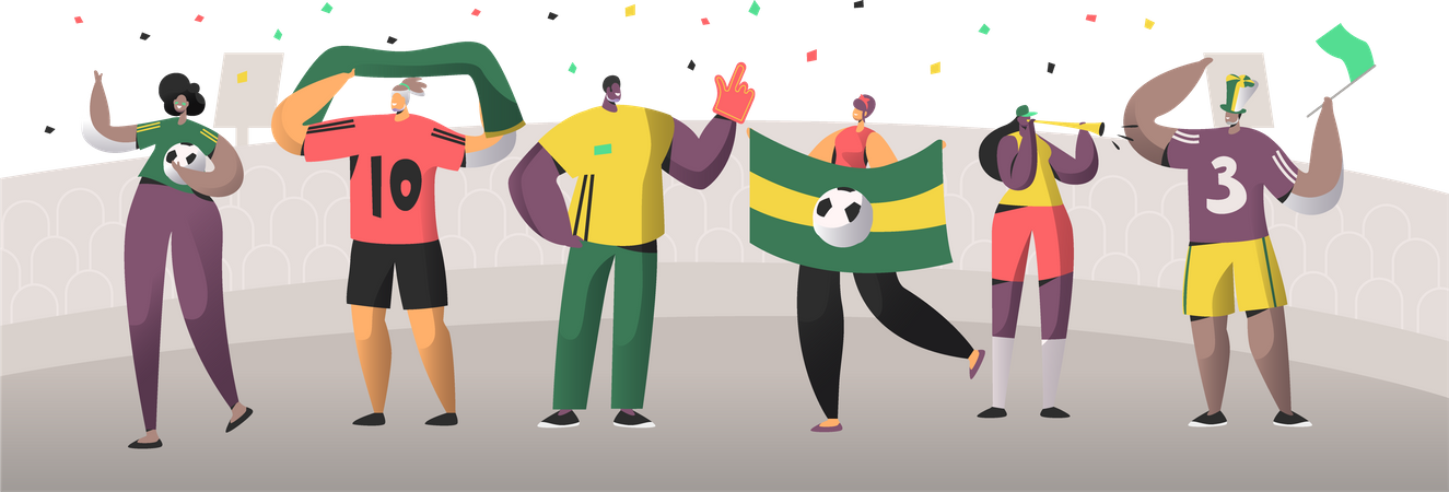 Amigos felices celebran la victoria en el evento de fútbol brasileño  Ilustración