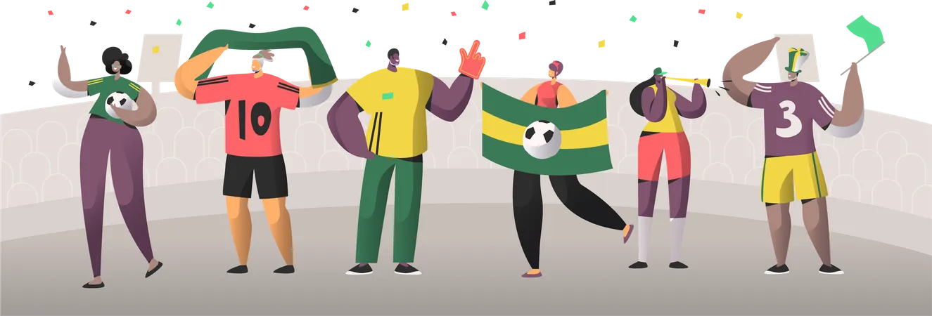 Amigos felizes comemoram vitória em evento de futebol brasileiro  Ilustração