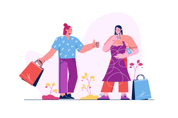 Os amigos foram às compras para comprar roupas novas  Ilustração