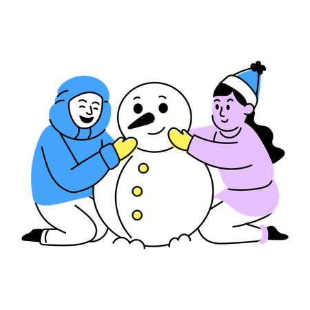 Amigos haciendo muñeco de nieve  Ilustración
