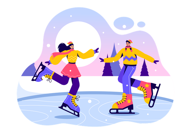 Amigos haciendo patinaje sobre hielo en pista de hielo  Ilustración