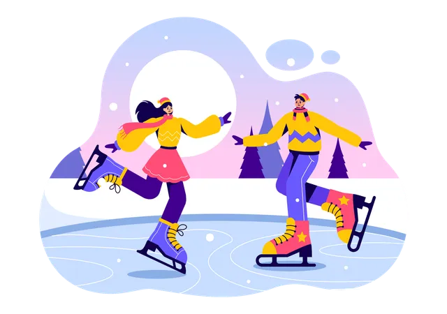 Amigos haciendo patinaje sobre hielo en pista de hielo  Ilustración